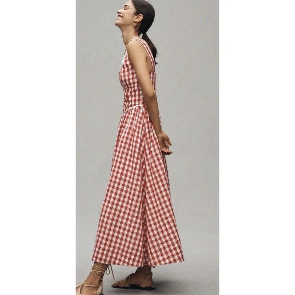 Anthropologie Wayf Midi Dress Red Linen Blend Drop Waist Preppy Boho Medium NWT - Picture 5 of 14